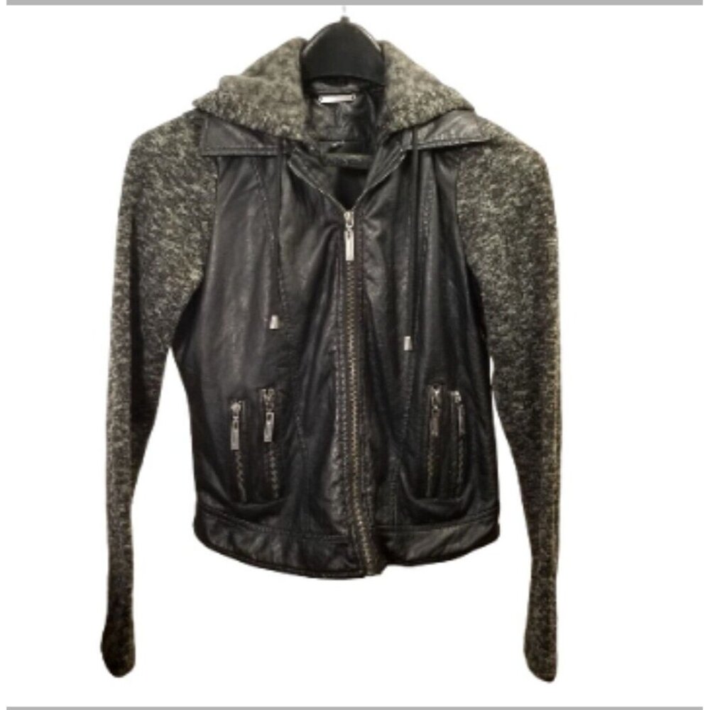 F2 Faux Leather Jacket Womens Size XS Black Full Zip Motorcycle Pockets Hooded